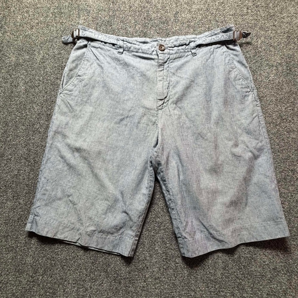 John Lewis Mens Linen Blend Pinstripe Shorts Blue White Side Cinch Size 36